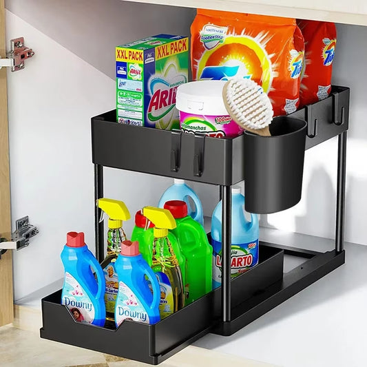 2 Tier under Sink Organizer Sliding Cabinet Basket Organizer Storage Rack with Hooks Hanging Cup Bathroom Kitchen Organizer